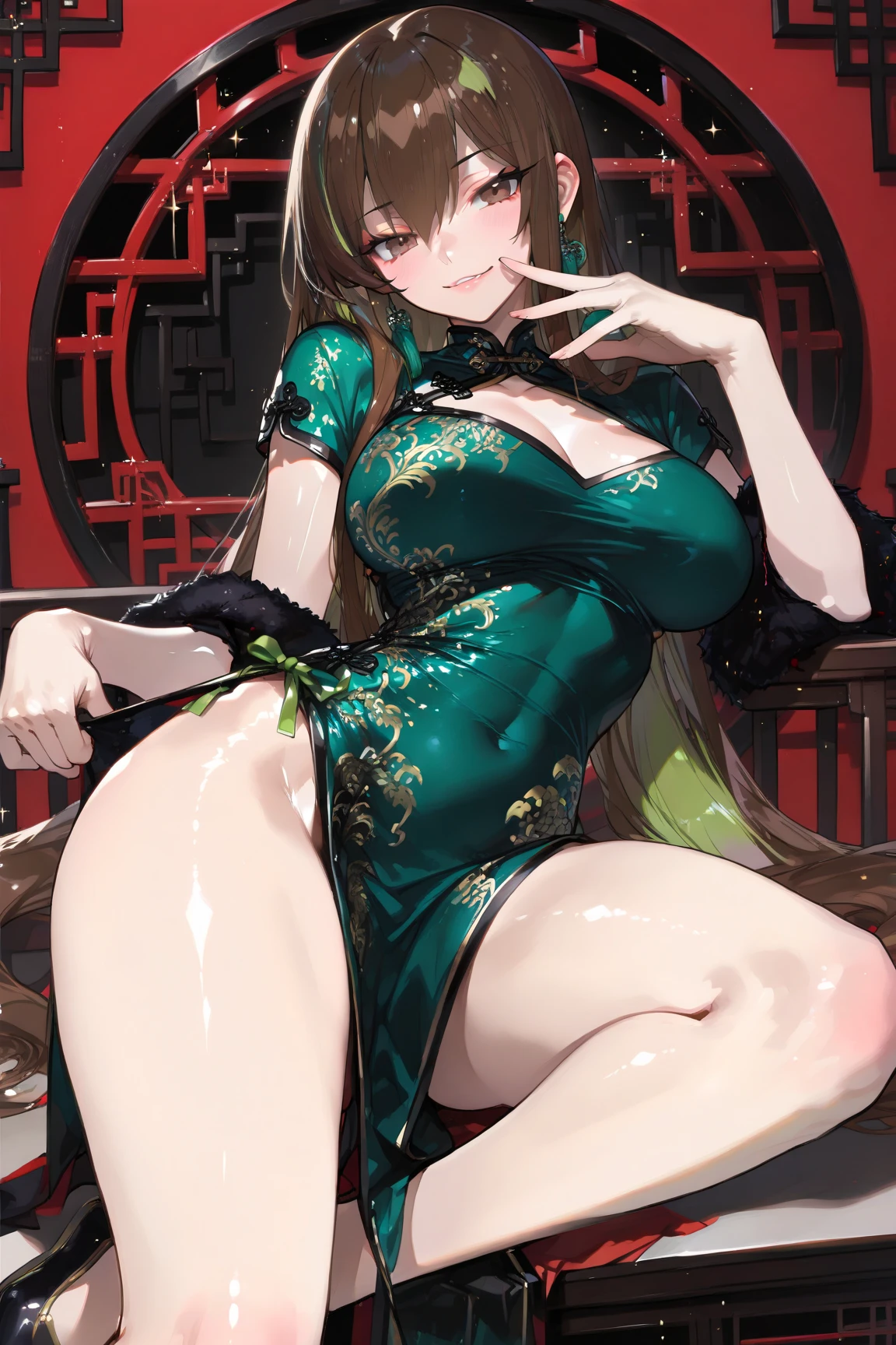 masterpiece,best quality,highres,ultra-detailed,aaanchovy,long hair,twin drills,bangs,hair ribbon,<lora:anchovy:0.8>,bare shoulders,china dress,chinese clothes,short dress,cleavage cutout,sideboob,thighs,hands_on_hips,furrowed_brow,indoors,