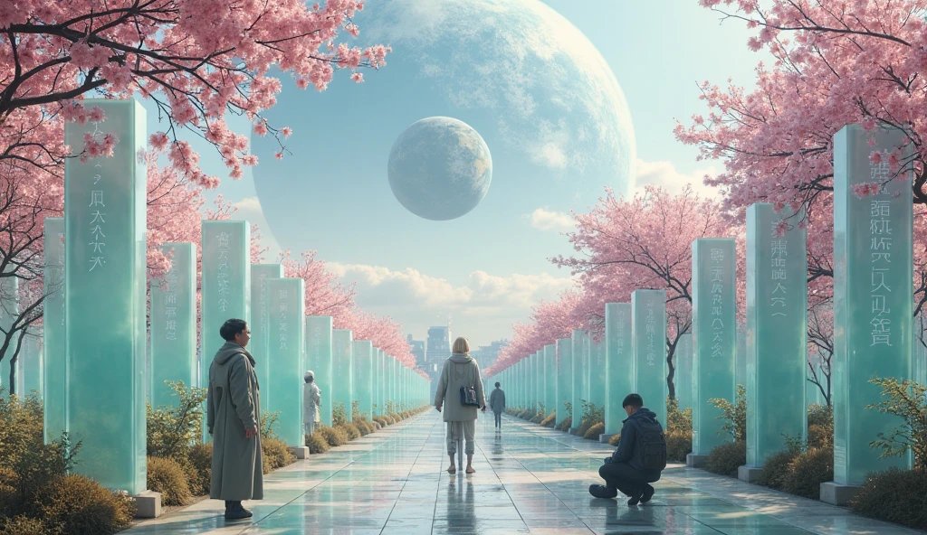 A solemn futuristic garden filled with glass pillars, each etched with thousands of human names. The setting is peaceful, with cherry blossoms and soft artificial sunlight. In the background, the Earth floats in orbit above. A few visitors in futuristic attire silently observe, some kneeling in reflection. Add a melancholic and respectful tone, symbolizing remembrance and resilience.