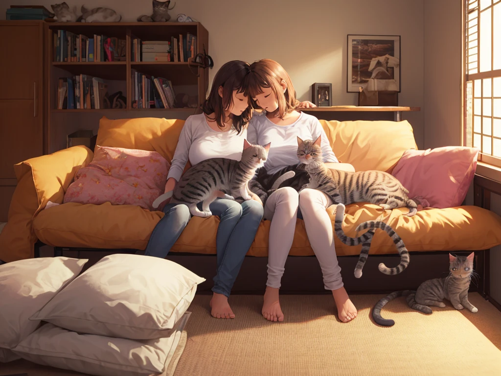 Mother cat and 2 kittens sleeping on a soft futon
