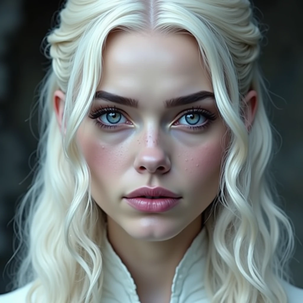 A Targaryen woman with platinum blonde hair that falls in soft, glossy waves to her shoulders, each strand shimmering like silver. Her skin is pale and flawless, almost porcelain in texture, with a subtle natural glow. Her violet eyes are striking and intense, gleaming with an otherworldly sharpness that can captivate and unnerve at once, framed by long, dark lashes. Her face is angular and regal, with high cheekbones, a straight nose, and full, soft lips, but it’s the power in her gaze and the sharpness of her features that sets her apart. Her beauty is not soft or gentle, but rather an ethereal, intimidating presence that commands attention.