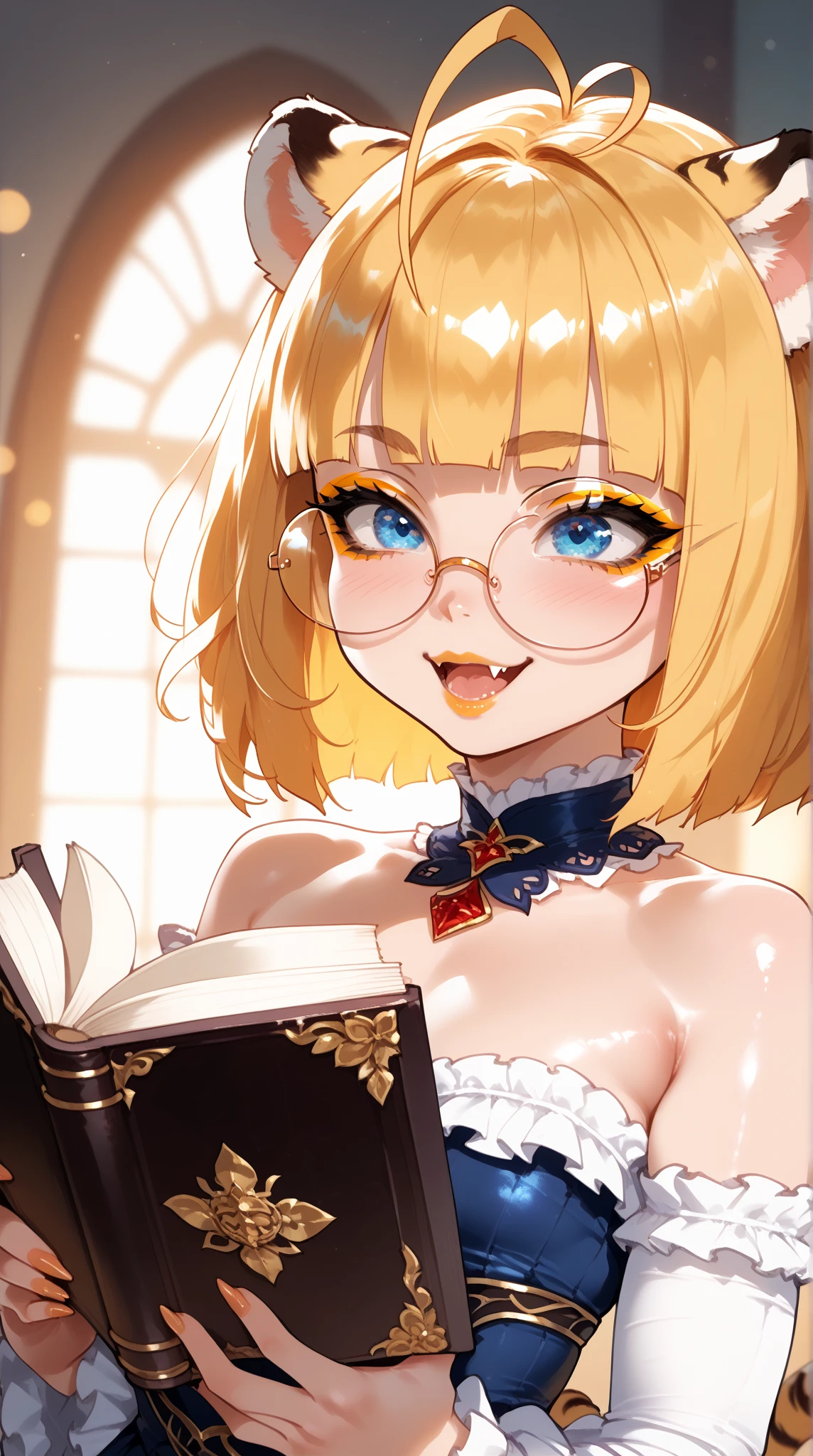 (Marco),Perfect ,don quixote \(limbus company\, Naked、Blonde hair, a beauty girl、eye glasses、middlebreasts、Short hair, hair between eye, Orange Eyes、Neat white blouse、Stuffing collar、cleavage of the breast、a necklace、Breathless、pierced nipple、Chain scientist hat from the nipple、Basketball Hand、armor、`She has a book and a phone、(college campus )、Upper Body Up、hiqcgbody