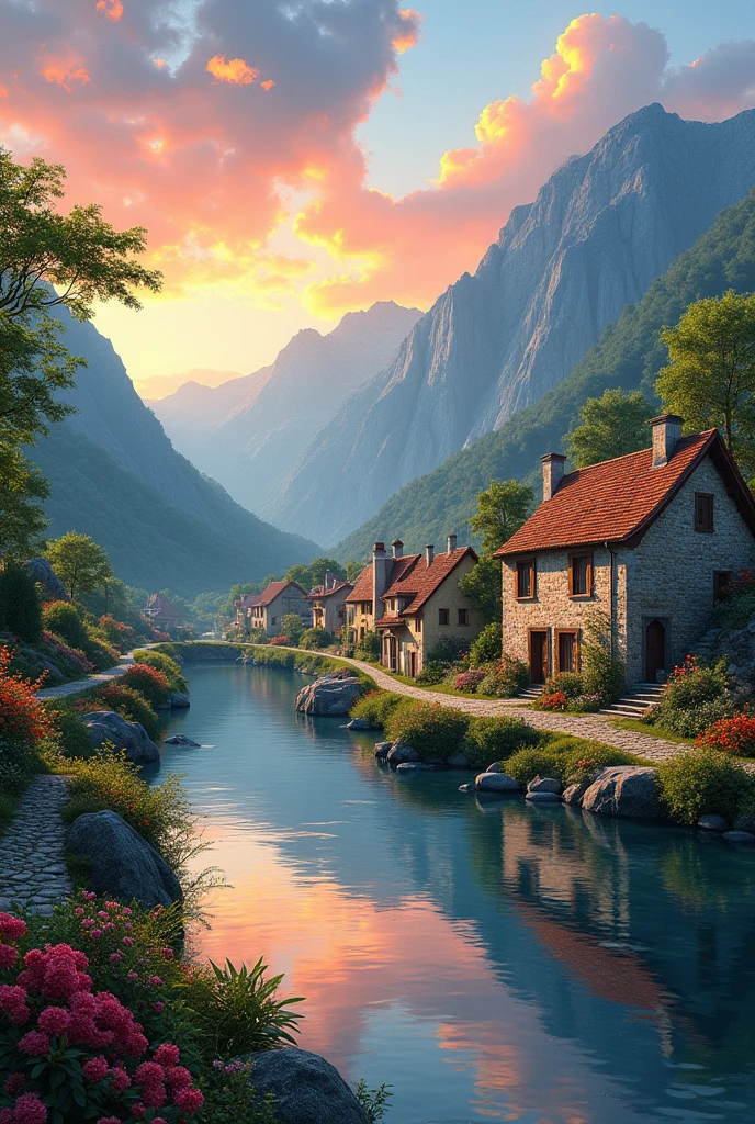 a small village by the river, mountains in the background, floral flowers colorful, detailed landscape, Beautiful natural landscapes, atmospheric lighting, scorching sunset, warm colours, practical, photopractical, Detailed Foliage, complex buildings, cobblestone street, Charming country house, swirly vibrant colors, lush vegetation, Still water reflections, Picturesque, idyllic, work of art, best qualityer, 8k, extremely detaild,anime styling