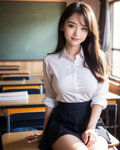 1womanl、1 female teacher,(Super beautiful)、(beauitful face:1.5)、40 yearakeup, Business Suit, (a miniskirt:1.2)、Sitting on a chair in a classroom in elementary school、Chalkboard background,Looking at the camera,The most beautiful faces in Japan,adultlike face,gently smiling,Smile,,Faces close,Staring at this,Very Longhair,straight haired,Breasts are big,Emphasize the bulge of the chest,Skirt without folds,There are no folds on the skirt,tight skirts,Short tight skirt,super-fine,beautiful hairl,Transparent photos,Detailed High School Classroom Background,The most beautiful faces in Japan,View here,Perfect fingers,face perfect,Detailed background,Fair skin,Crystal clear white skin,Perfect fingers,Detailed background,top-quality,The ultra -The high-definition,Perfect Anatomy,high-definition RAW color photography,professional photograpy, Very delicate, Extremely detailed,finely detail, Huge file size,Top image quality,8K,Award-Winning Works,masutepiece,Professional filming