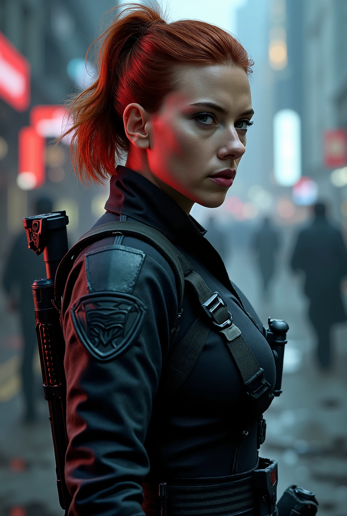 In this captivating image, , the central female character (Scarlett Johansson, linda face), Medium red hair tied, exudes Call of Duty's Confident Operator , wearing full Delta Force black tactical equipment, Armed with an AR-15 , combat pose, ( battle scenario in the background ), full body portrait, sensual, linda, Hypnotic, concept art, highly detailed, vibrant colors, bioluminecent , artstation, behance, deviantart, rifle inspired by the manga Innocent , inspired by Marvel Comics concept art, trend, Amanda Sálvia, Jim Lee-O, extremely realistic. Face from the front and body from the side.