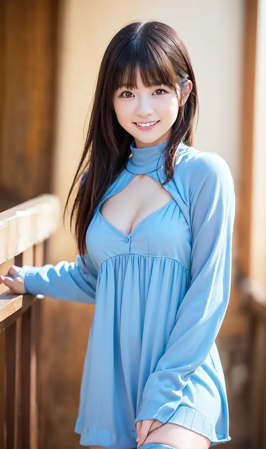 a woman,1 girl,black hair, hair bobbles, longeyelashes, solid circle eyes, light smile, mole under eye, piercing, light smile, shy, puckered lips, Surrealism, drop shadow, stereogram, ass pov, atmospheric perspective, depth of field, first-person view, f/1.8, 8K, super detail, ccurate, best quality, highres, best quality,full body,professional lighting,Cleavage