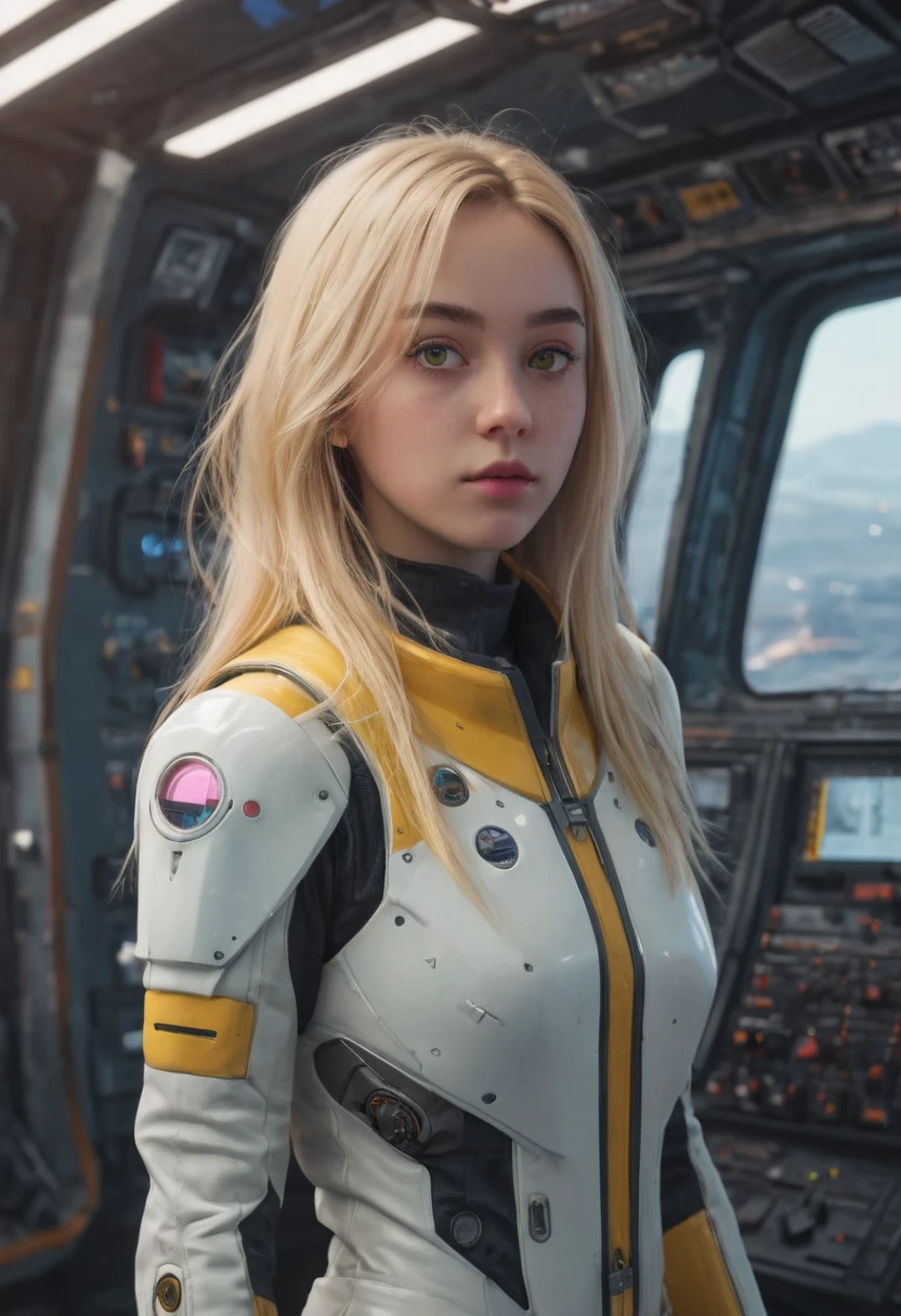  ( young girl, ************, blond hair, photorealistic, Suit), (amarelo (olhos:1.2)), (slender build:1.3), (fantasy space suit), pretty face, Symmetrical face, greg rutkowski, wlop and Sam Kuvshinov , (long hair), blonde eyelashes, big iris, large pupil, full body,  standing at the bottom of the cosmodrome, artstation, 8k, Science fiction, cores pastel, props , painel, conceito,  futuristic , gritar, Simon Stalenhag, space, in outer space, a spaceship in the sky, technological blocks