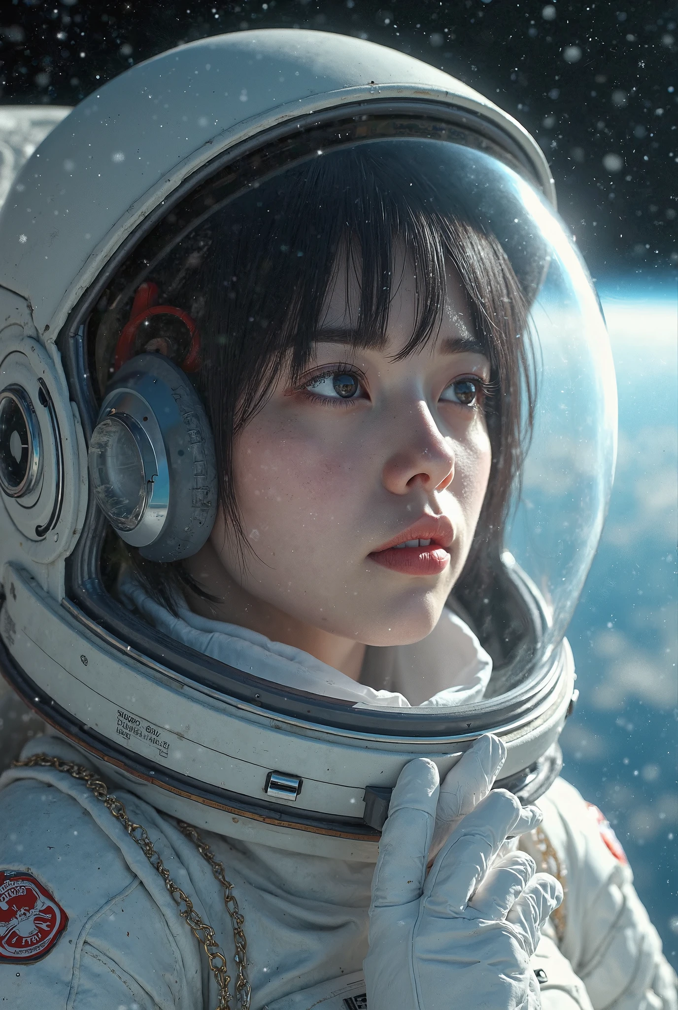 
a female cosmonaut taking in very short hair beautiful space. She has a white spacesuit, and white gloves, and her head is inside a transparent helmet, masterpiece, best quality, highly detailed face, perfect lighting,