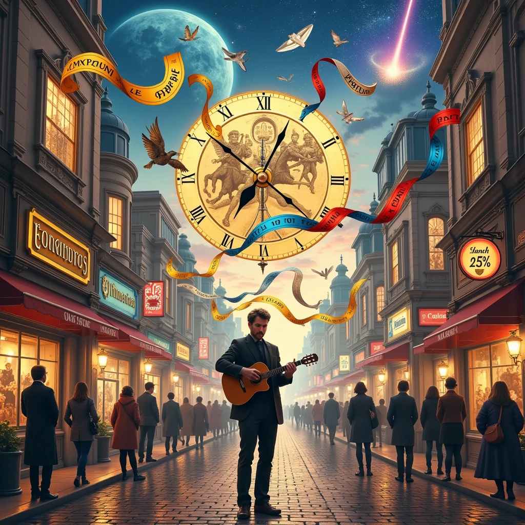 A vibrant street scene with a busker in the center playing an acoustic guitar, the strings of which are made of flowing ribbons of time. Each ribbon, in hues of yellow, blue, and red, represents past, present, and future moments, with faded images of historical figures, current faces, and silhouettes of futuristic individuals etched within them. The background is a whimsical mural of a clock face, the hands of which are intertwined with scenes from different eras: a knight jousting, a group of jazz musicians, and a glimpse of a spaceship blasting off. The cobblestone street is filled with a diverse crowd of people, all transfixed by the musician, their reflections in the puddles at their feet revealing snapshots of their personal moments of change. The sky above is a swirl of colors, transitioning from a sepia-toned past to a vibrant present, and culminating in a cosmic future. The buildings on either side of the street are a fusion of architectural styles, from gothic to art deco to futuristic glass and steel structures, symbolizing the ever-evolving nature of time and the world around us. The busker's song echoes through the air, a visual representation of Bob Dylan's iconic tune "The Times They Are a-Changin'" in a moment where past, present, and future harmoniously converge. The atmosphere is one of nostalgic anticipation, as the music seems to both reflect on the changes that have occurred and invite the onlookers to embrace the transformations yet to come.