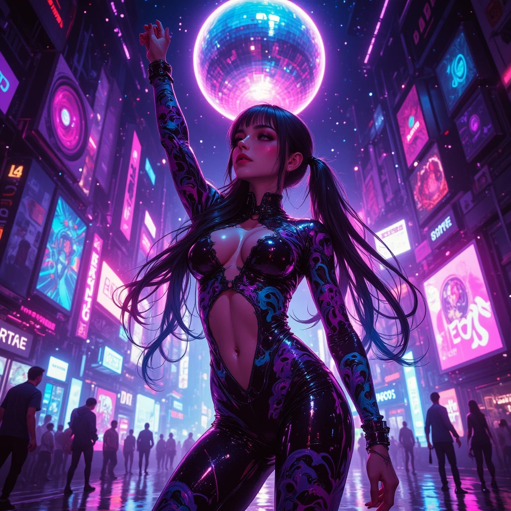 8k , masterpiece , highest quality, Low-angle, close-up,  woman, long hair, pigtails, colorful extensions,cutout bodysuit, psychedelic, wave pattern,midriff cutout, dramatic makeup, tattoos, arms, shoulders, colorful mural, vibrant, Disco, mirror ball, one arm raised, dance、
A futuristic neon-lit city at night, glowing with vibrant purples, pinks, and electric blues.  The background features a DJ booth floating mid-air, giant speakers pulsing with bass, and stars blending into city lights. Glitter, sweat, and motion trails enhance the energy. 