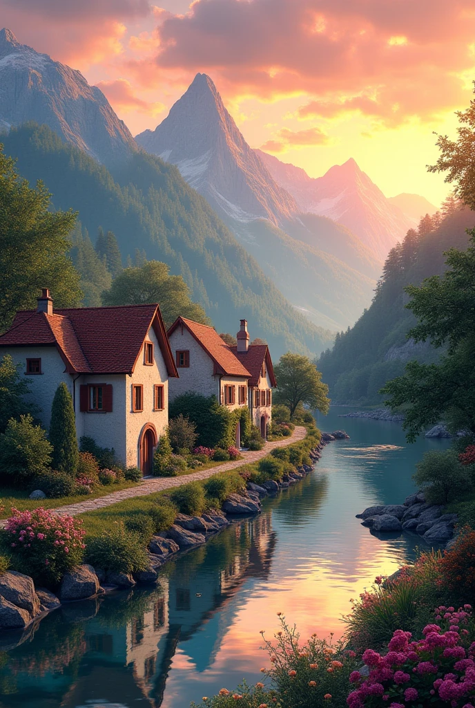 a small village by the river, mountains in the background, floral flowers colorful, detailed landscape, Beautiful natural landscapes, atmospheric lighting, scorching sunset, warm colours, practical, photopractical, Detailed Foliage, complex buildings, cobblestone street, Charming country house, swirly vibrant colors, lush vegetation, Still water reflections, Picturesque, idyllic, work of art, best qualityer, 8k, extremely detaild,anime styling