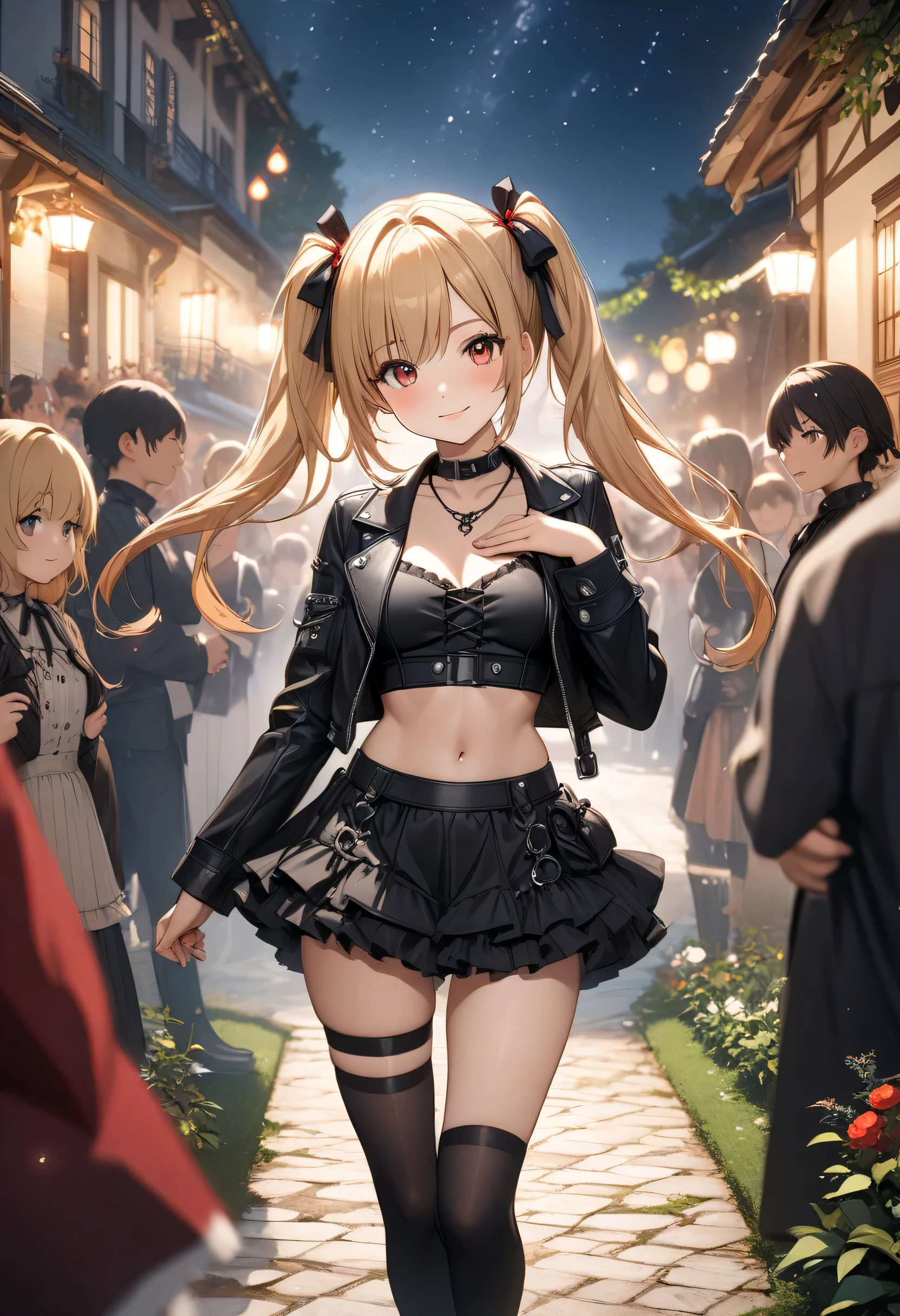 masterpiece, best quality, high resolution jockstrap, UHD, perfect pixels, depth of field, 4k, RTX, hdr))), 1 girl, single, , alone, full body, beautiful anime girl , Beautiful Art Style, Take from the chest up , anime character style hairstyle, ((little smile, childish gaze, blond hair with two long pigtails on the sides and red ribbons,)), (honey-colored eyes, beautiful and striking eyelashes,), (Detailed face, blush: 1.1), (smooth texture: 0.6, realistic texture: 0.4, photorealistic: 1.1, anime cg style), beautiful medium breasts, (dynamic angle, foreground neckline, is in front welcoming the spectator.), perfect body, (Clean fingers, 5 fingers on the hand, five fingers), He is standing (showed: short leather jacket in black color, black top, You can see the navel with a small piercing, black ribbons on the pigtails, short plank miniskirt in red and white tones, black thigh-high stockings and long boots gothic style and sexy, black wristbands and necklaces of a Gothic lolita outfit,), (in the background the garden of a residence covered with people celebrating a night , You look at the dark sky with stars, front view