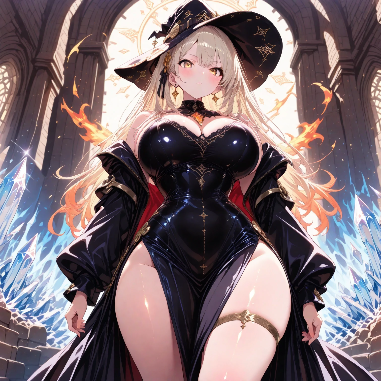 (8k, best quality, masterpiece:1.2),\(Eye details\),\(Facial features details\),(\(Clothes details details\)\),(1 girl:1.3),solo,full body,36 years old,(Golden tea hair:1.2),gold pupil,gold eyes,(Left bangs:1.25),Cover your bangs,Single braid,huge ,large breasts,(Dark wizard robes:1.3),(upperboob:1.2).(Holding a staff),[Magical and complex gaming equipment｜Set with rubies]Magic Staff,Glowing Magic Staff.Ruins Background,(Ruined marble wall)+(Wall with lvy:1.3),Crows circling in the sky，The air is stagnant，Big cloudy day，[Brownish red fur｜Thick fur]Giant Demon Wolf,The wolf climbs the wall