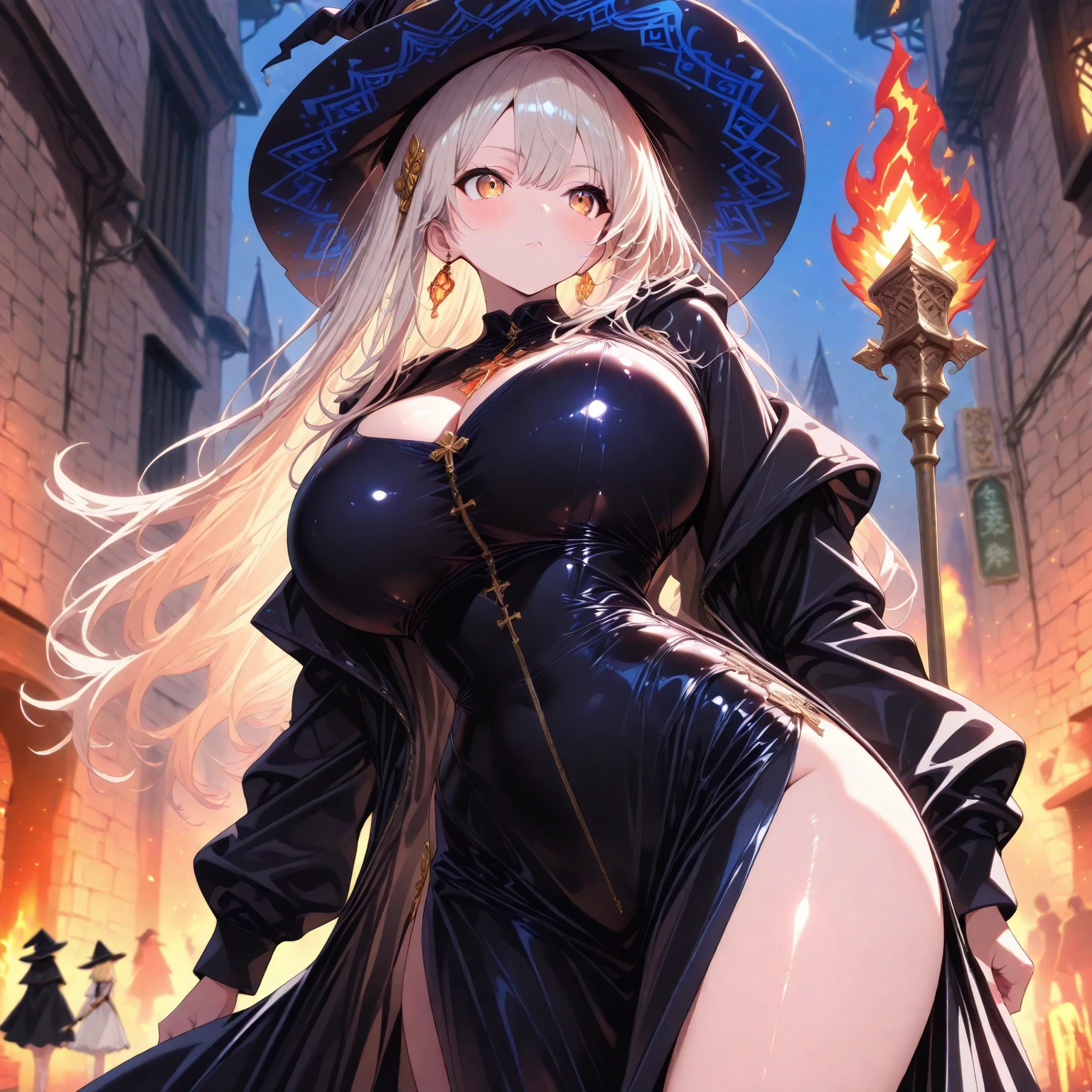 beautiful detailed 20 years old female, beautiful face, wearing Witch Outfit: A dark robe with a pointed hat, and a broomstick or spellbook as accessories, blonde hair, curvy body, ultra large sagging breasts, massive cleavage exposed, huge buttock, random expressions