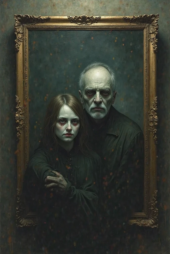"The same haunted painting now showing two figures — the  and the man trapped inside, both with lifeless eyes staring directly at the viewer"