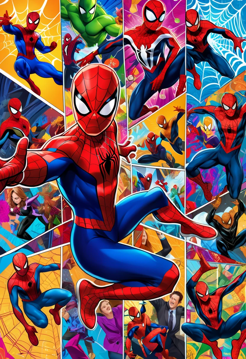 (vibrantly), (colorful), dynamic Collage Chaos of Spider-man, intense hues, bright contrast, action and graphic compositions, rich saturation, attractive visuals, eye-catching design, cheerful ambiance, high vibrancy, ultra-detailed, striking visual elements, engaging patterns, captivating scene, bold aesthetic, perfect for attention, showcasing vibrancy in every aspect.