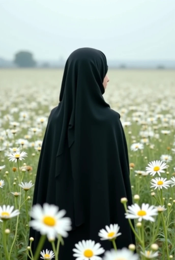 An adult girl wearing a hijab shawl wears a long black dress like flowing water made of chiffon, wears white shoes, is in a place where lots of weeds grow, the flowers are white, and there is a tree whose fallen leaves are red. . smiling while holding white flowering wild grass.