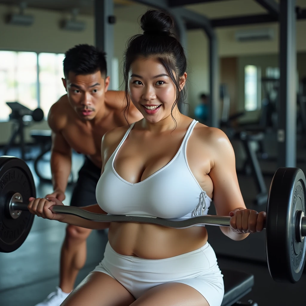 two hot thick thigs indonesian mommy model, with super unreal big size breast, pink nipples, missionary pose, with wets vagina sticking by sex toys, licking each other, at the gym