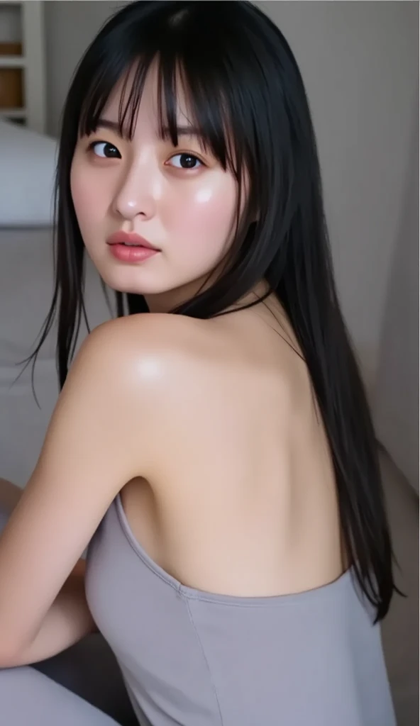 A composition looking up at the subject from below、Full Body Shot、)Wearing clothes、Removed clothes、Trying to take off clothes、Winter clothes、Wet Hair、Wet body、Wet Skin、Moist texture、highest quality,highest quality、Black sexy outfit、Complicated Race、Floral、 1 girl,Young and beautiful Japan woman, Super cute face, Long Bob Hair、 Big Breasts, Wet body, Glossy lips, Natural Makeup, Asymmetrical bangs,High resolution, High detail, Detailed hairstyle, Detailed face,Dim lighting、 Great cinema lighting, Octane Rendering, Vibrant, Surreal, Perfect limbs, complete anatomy information