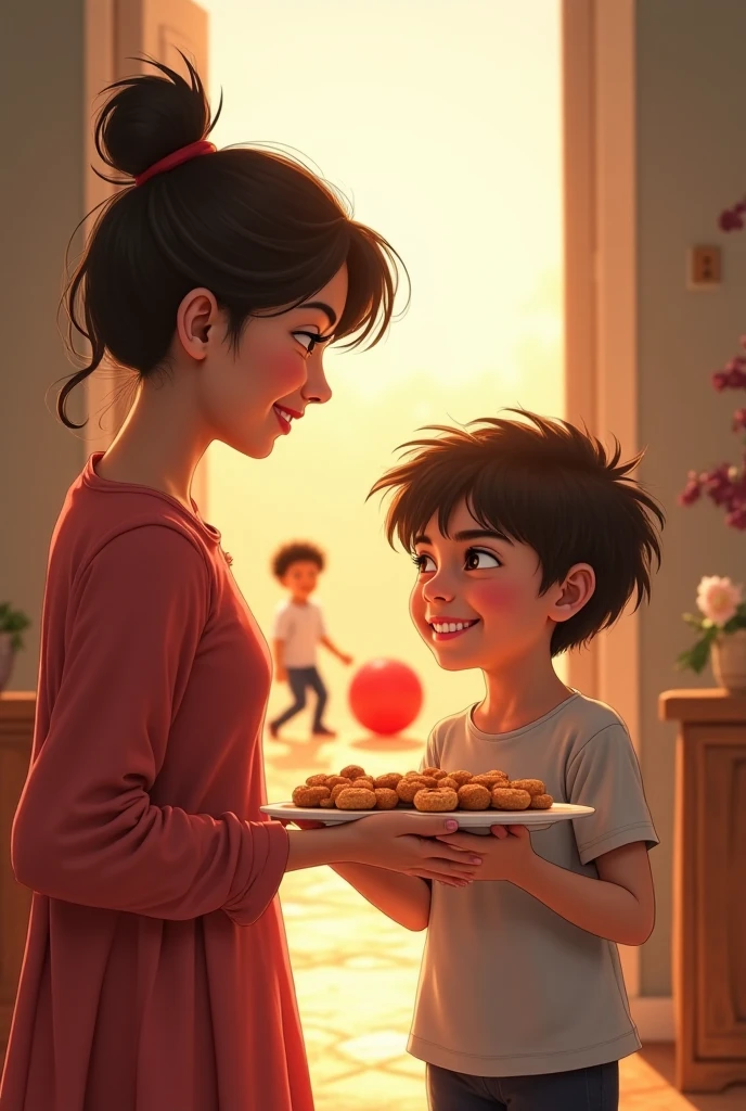 Layla **holding the neighbor’s hand** (neighbor now smiling).  
- Karim’s mom (ponytail) offering a plate of cookies.  
- Karim playing with the red ball in the background, grinning.  
- Detail: A **small sun rising** in the corner for optimism.  