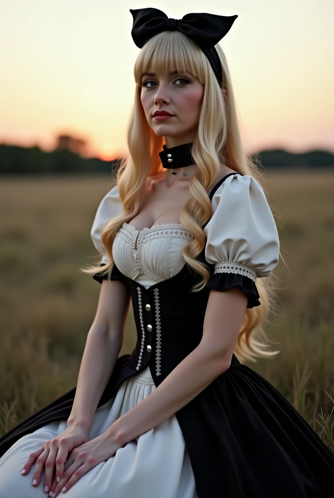 Masterpiece, best quality, ultra high res, OlgaAbramovich (face focus:1.2), (photorealistic:1.4) , blonde , tiny waist, blushing, pink cheeks, standing, (photo from above), tight corset, ( black Victorian style dress, beautiful face, makeup:1.4), Chateau de Versailles, France, garden of versailles, flowers, modelshoot style, neutral expression <lora:OlgaAbramovich:0.9>