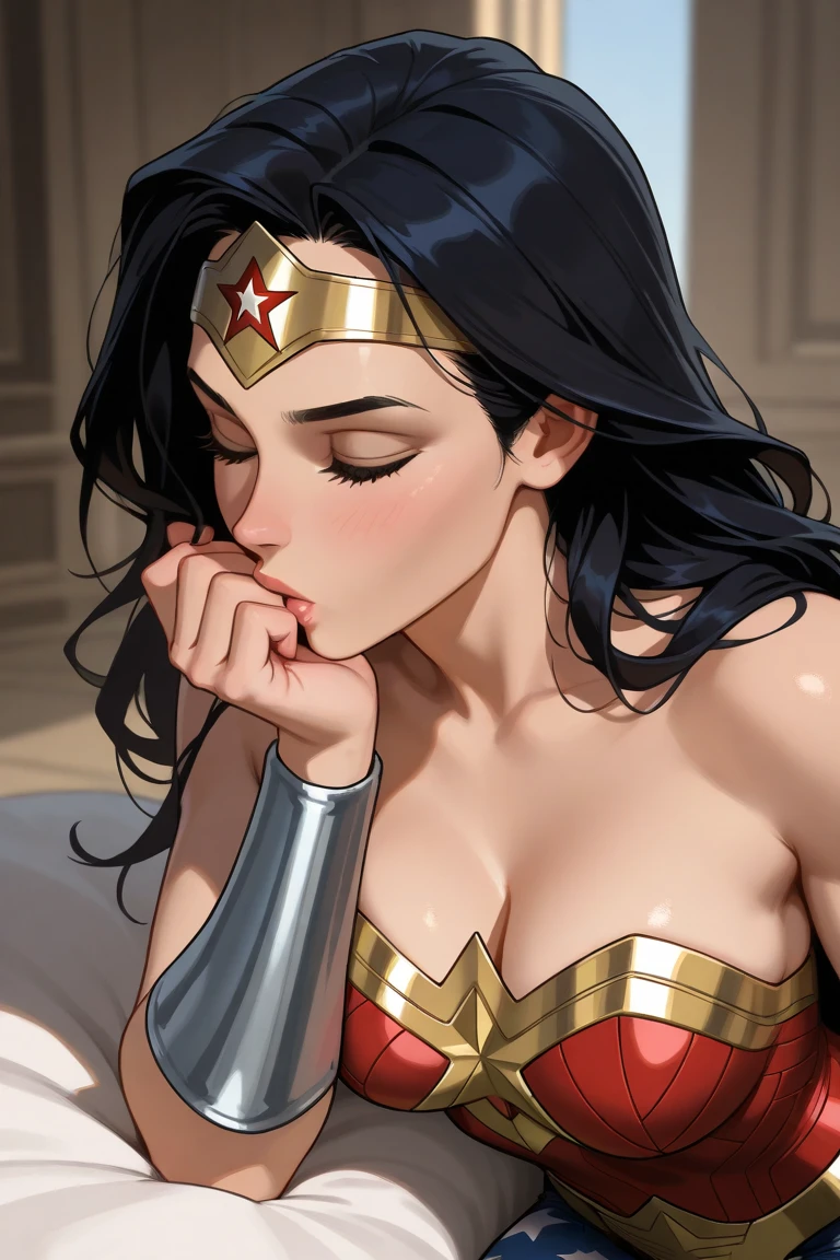 ((Best resolution)), ((high quality:1.2)), Work of art, 8k, extremely detailed, ((High detail:1.2)), DC comics style, (Wonder Woman), a girl with 18 years old, ((Pov deepthroat cum in nose)),