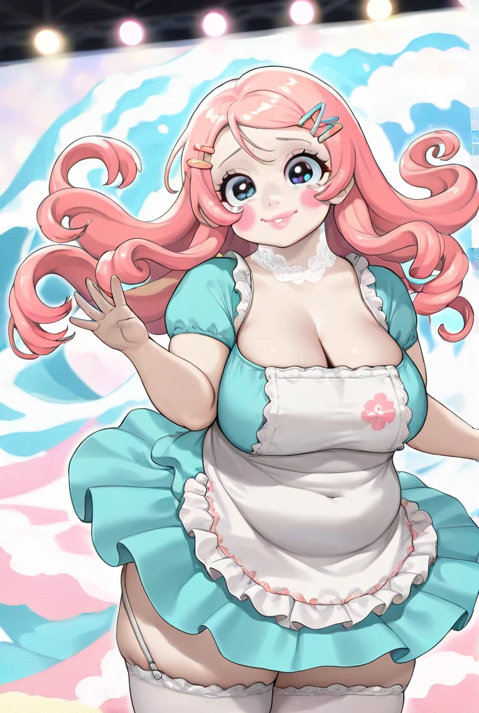 Cute, girl, pastel long lavender hair, curly twintails, purple eyes, heart shaped pupils, plump lips, big breasts, hourglass finger, slender, ruffle pastel bow blouse, Skirt-Knee-length, pastel, pleated with floral patterns, white lacy stockings,