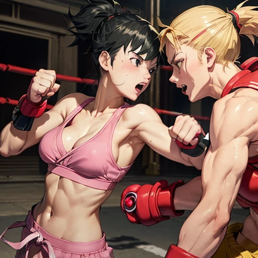 Two men and women fighting。In a street fight、A female street fighter is in tears after being repeatedly punched by a man。Covered in bruises。Bloody。shortness of breath。Frightened expression。Running out of energy。Sweaty。Short black hair。Open Finger Gloves。Upper body naked。Denim shorts。Erect nipples。