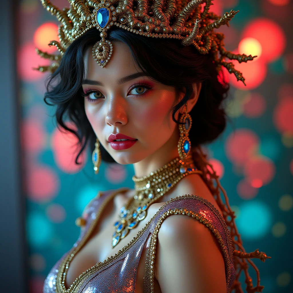 ((8k)),((Ultra Realistic))((Photo Realistic)),((HDR)),((Intricately Detailed Portrait)),((Detailed Fingers) ((High Quality)).((Fine Quality))

Thick Hourglass Body . Light Toned Skinned Enchanting Caucasian Woman . Perfectly Toned Body. Huge Chest. Cute face . Makeup. Gentle. Wild hairstyles. . 

Holographic Tight Slit Outfit . Poison Vines Theme Head dress. Diamonds Sapphires Ruby . 

Background Neon . Glowing Energy by  Alphonse Mucha. Ornaments . Portrait 

Supermodel . Modelling. Poser . 
Nonchalant. Dynamic. Authoritarian. 
Full body view.
Art by Alphonse Mucha 

Sharp Focus Portrait Mode camera shot 
Full Body View