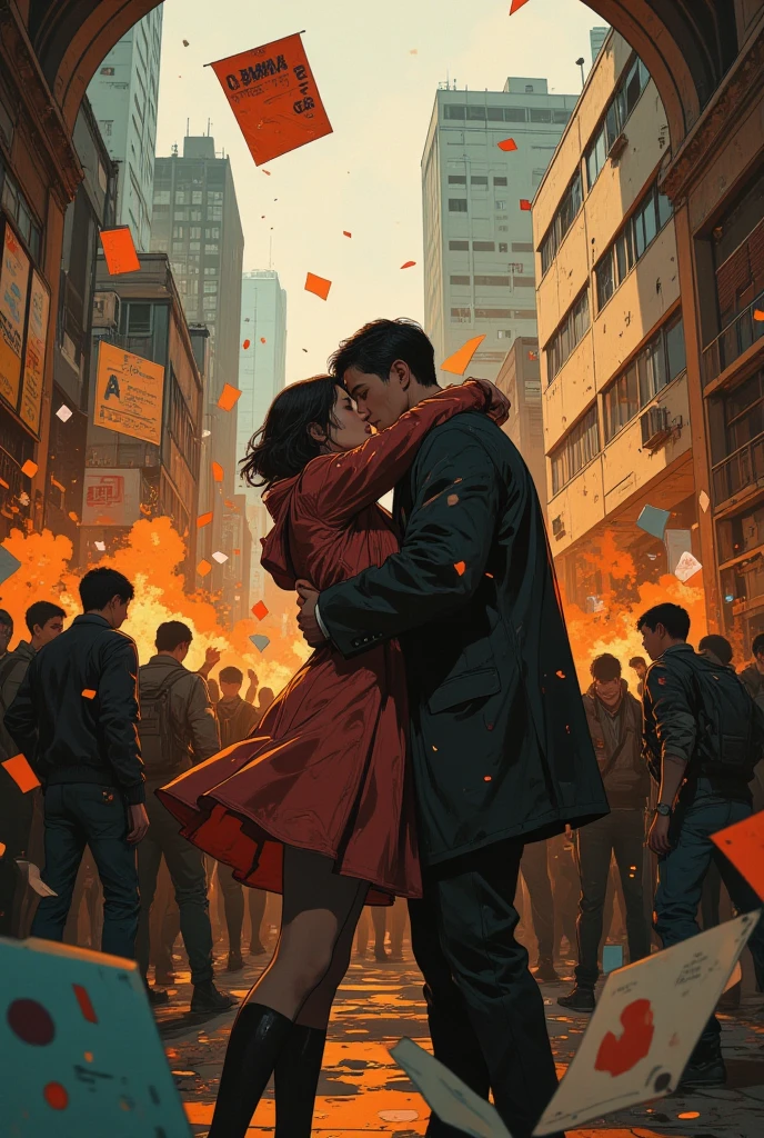 a couple, hugging in scare, in the middle of total chaos, chaotic scene, colleges war, students brawl, really messed up, posters are floating in the foreground and background, inside the campus hall, ((all of students are fighting everywhere)), jumping students, kicking, punching, ((fighting students in the foreground)), collosal, action, brawls scene, cinematic composition, dynamic angle, slow motion effect, depth of field, blurry foreground and background, focus on hugging couple between foregrounds, masterpiece, good quality, amazing quality, very aesthetic, dramatic lighting, high-resolution.