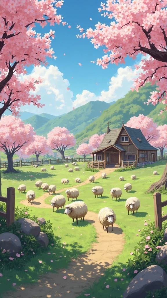 Make an image of the rules with sheep farm and cherry blossoms