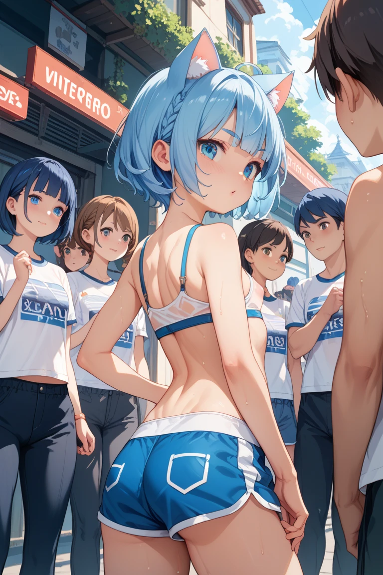 Matsuura kanan love live, long hair, blue hair, purple eyes, gym bra, bike shorts, standing, puffy crotch , skindentation , realistic art style , energetic smile,in street, lake in background, multiple boys, taking picture with boys