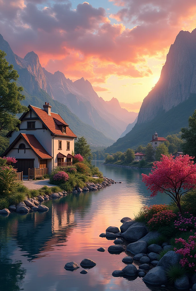 a small village by the river, mountains in the background, floral flowers colorful, detailed landscape, Beautiful natural landscapes, atmospheric lighting, scorching sunset, warm colours, practical, photopractical, Detailed Foliage, complex buildings, cobblestone street, Charming country house, swirly vibrant colors, lush vegetation, Still water reflections, Picturesque, idyllic, work of art, best qualityer, 8k, extremely detaild,anime styling