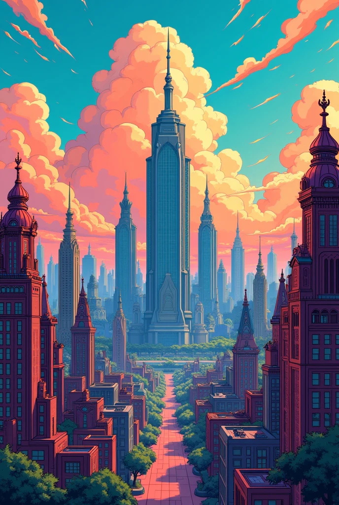 large buildings that can be seen in the distance in an animated comic version