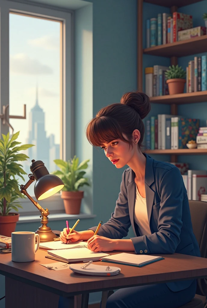 A focused person working in an office illuminated by natural light, with elements that represent creativity such as books or light bulbs 