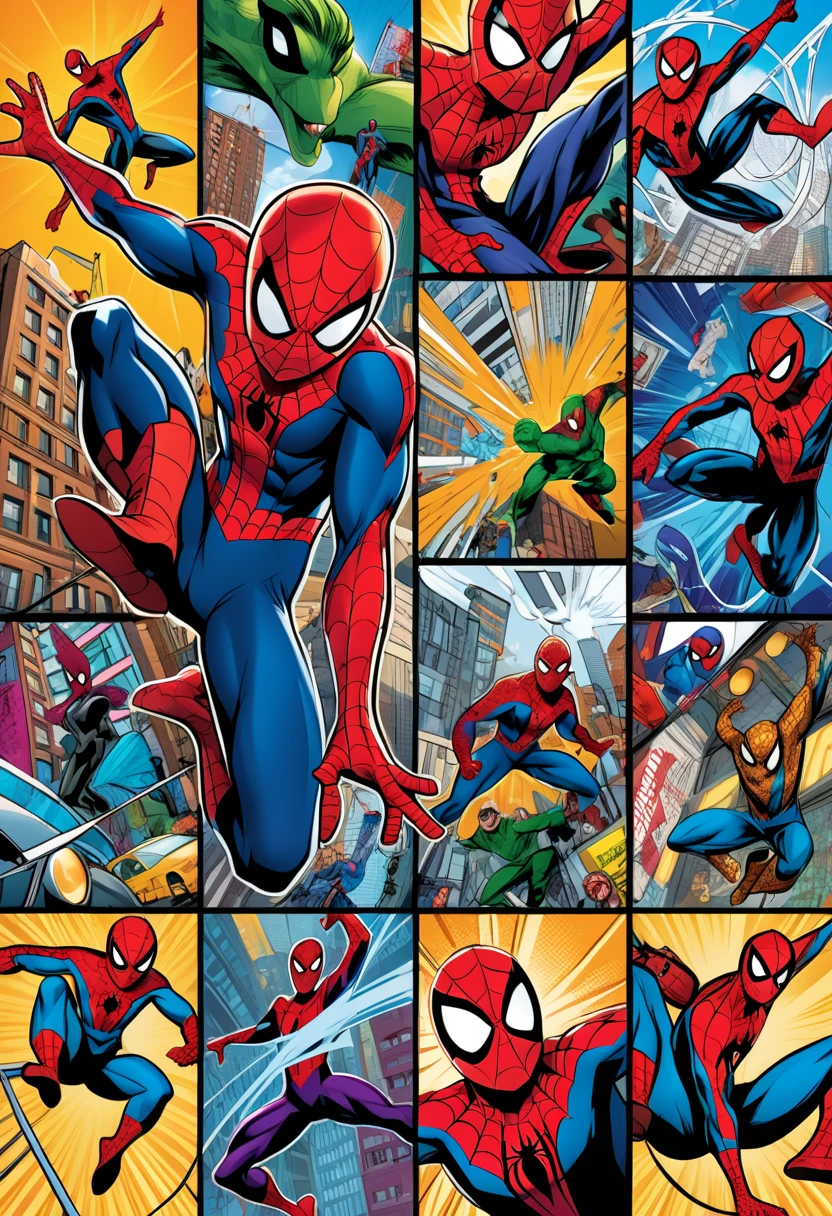 (vibrantly), (colorful), dynamic Collage Chaos of Spider-man, intense hues, bright contrast, action and graphic compositions, rich saturation, attractive visuals, eye-catching design, cheerful ambiance, high vibrancy, ultra-detailed, striking visual elements, engaging patterns, captivating scene, bold aesthetic, perfect for attention, showcasing vibrancy in every aspect.