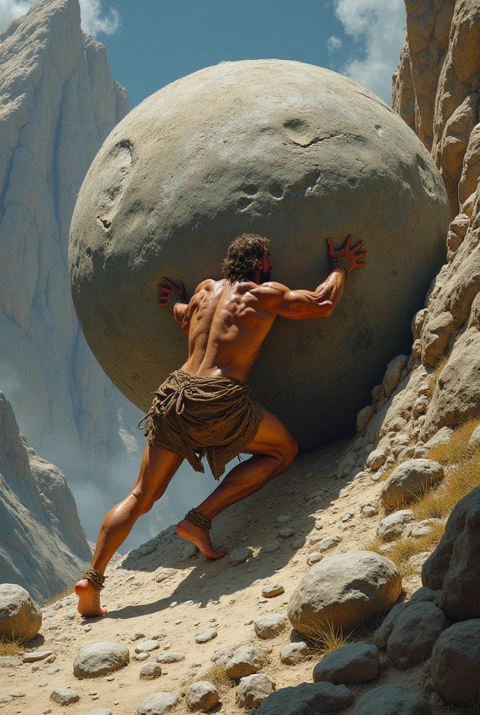 I want an epic image illustrating Sisyphus' punishment