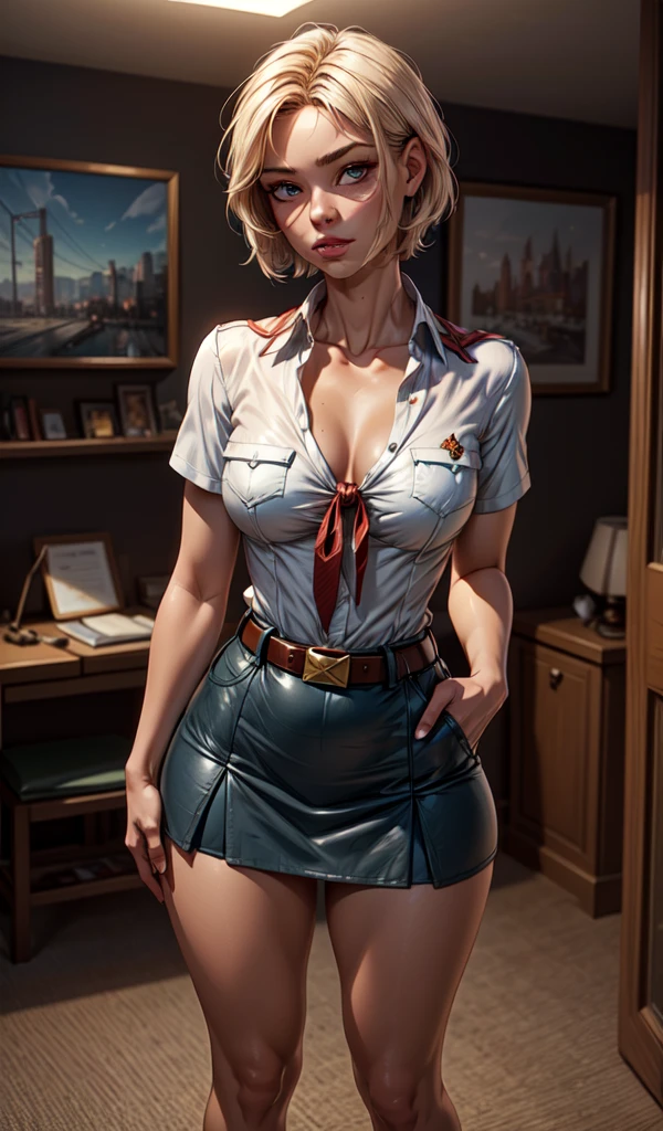 detailed eyes, (full body:1.2), 8 k, (subtle body:1.2), curved, (hands behind your back:1.2), seductive pose, (looks at the viewer, 8 k vector photography, young , beautiful eyes, Realistic lighting, detailed outfit, realistic facial features, hyperdetail, (perfect angle, focus on the face, hips and chest )), (very short hair:1.3), short disheveled hair, ahoge, flat chest,  pioneer tie , micro blue tight skirt,  chelka,  shirt, clavicle, very tight white  shirt, short sleeve, collared  shirt, belt, eyelashes, red tie,  chest pocket ,  resembles a sex doll , marjoram 