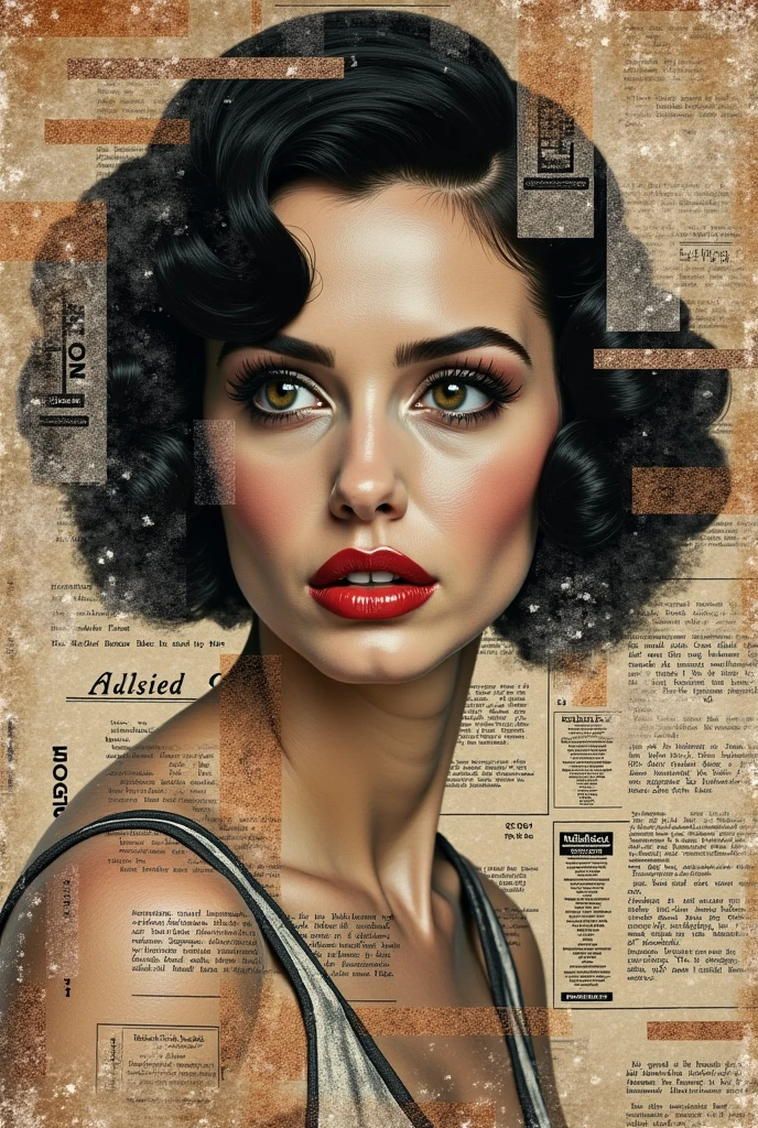 collage art, 1960s Retro vibe,(( faded paper texture:13)), place a picture of a newspaper article showing a 美しい woman in the center, Old Movies,  Stylish,   artistic, Retro, ((masterpiece:2.0)),America