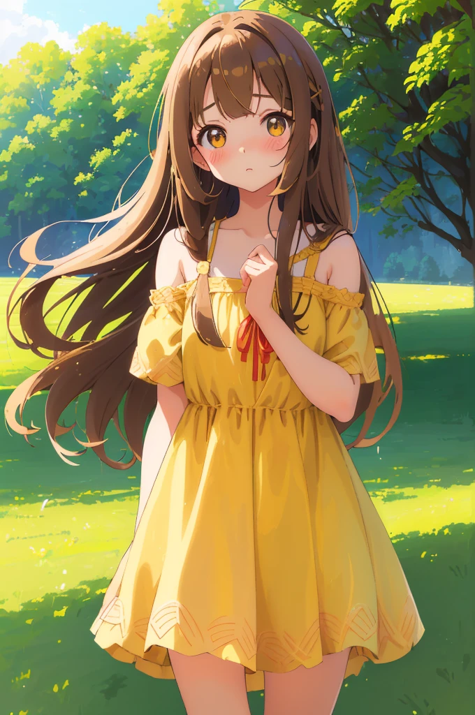 looking back, upturned eyes, masterpiece、highest quality、 forehead, curly hair, A 25-year-old woman with light chestnut medium-long hair and brown eyes.、wearing a yellow off-shoulder blouse、smile, (shy:1.2), sitting、The background is a park、bold composition、Are standing、Upper body is shown、Alone、close up of your face