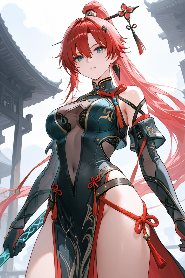 (score_9, score_8_up, score_7_up, score_6_up, score_5_up, score_4_up), masterpiece, best quality, high_resolution, 8k, UHD, 1girl, detailed, extremely detailed, best anatomy, (large breasts), mole under eye, long hair, high ponytail, hairband, purple eyes, red hair, Yinlin , perspective, full body
