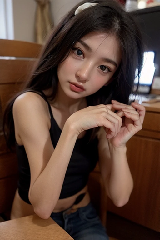 1 asian girl , 13 year old, solo, long hair, small breasts, looking at viewer, brown eyes, jewelry, full body, necklace, mini bra, lips, realistic,, flirting with camera, childes face