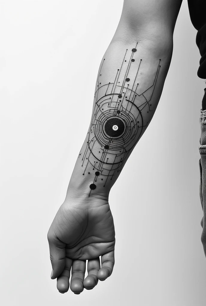 Tatouages en fines lignes noires et blanches sur l'avant-bras, représentation de mystères de la physique quantique