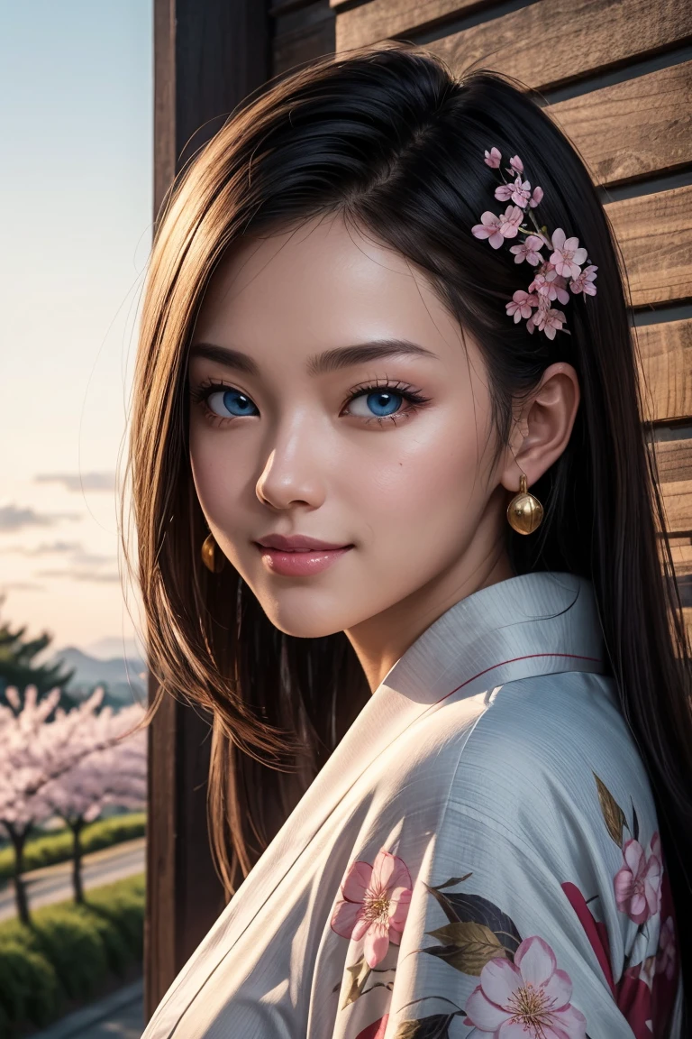 No.18,Dragon Ball Z,One-length hair,beautiful white blond hair, beautiful blue eyes ,PINK LIPS,white skin,in a sakura-colored kimono studded with beautiful gold leaf,smile,Ultra HD,super quality,masterpiece,dslr,photorealistic, Detailed Details,Vivid details,drawn in detail,detailed face, Detailed Details,Super Details,realistic skin texture that shows through the whole body, colorful candy room ,perfect anatomy,anatomically correct hands,anatomically correct finger,complex 3d rendering,Mysterious cherry blossom blizzard,sunset,Beautiful Dusk,Beautiful Scenery of Japan,Hair fluttering in the breeze,Beautiful like a painting,takes pictures of Hirose's whole body,9 heads,