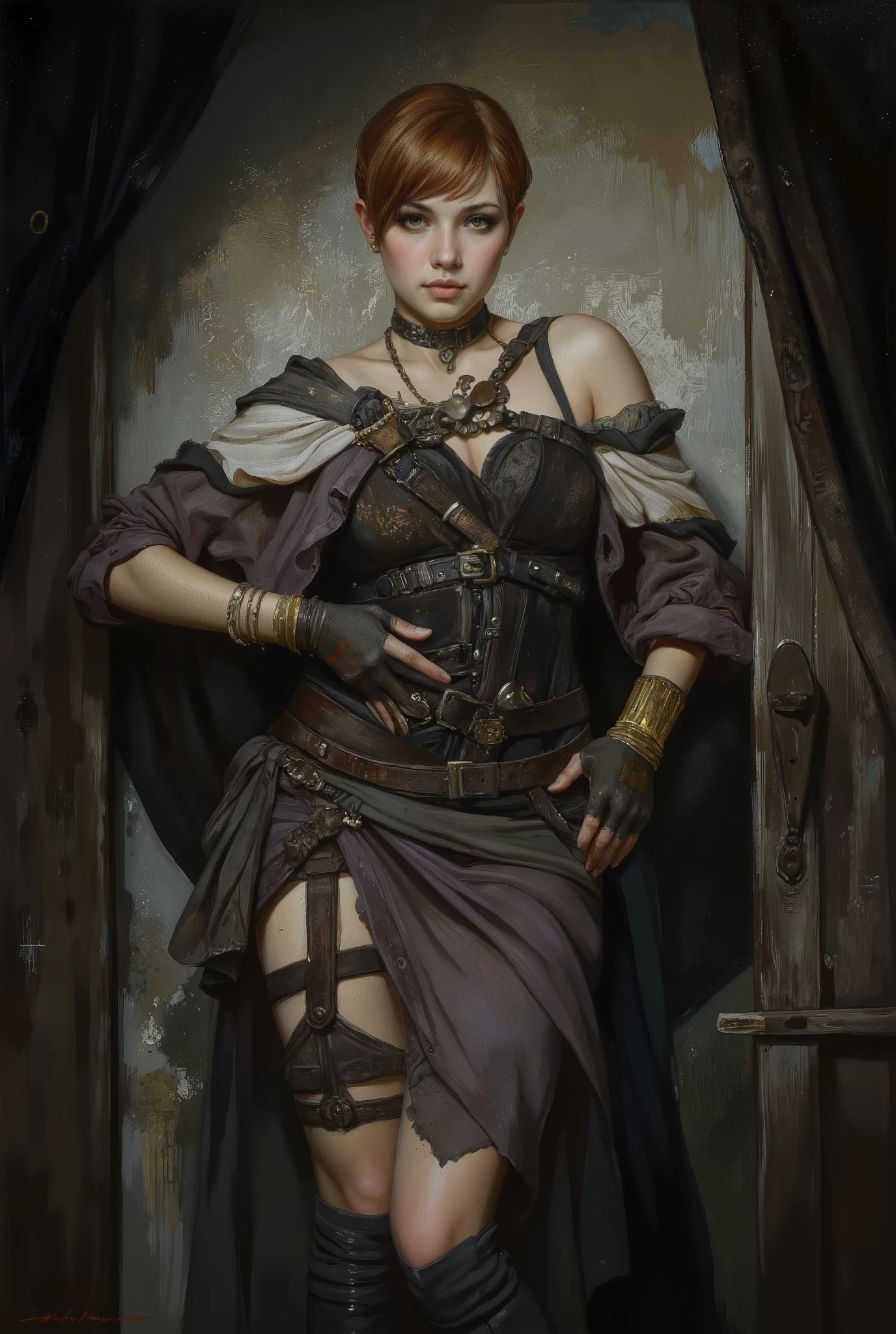 Fantasy digital painting depicting sexy female rogue in rogue outfit. Female is looking at the viewer playfully. She's 18 years old, petite, has fair skin, dark brown eyes, redhead in bobcut with fringe, small, perky breasts, medieval fantasy