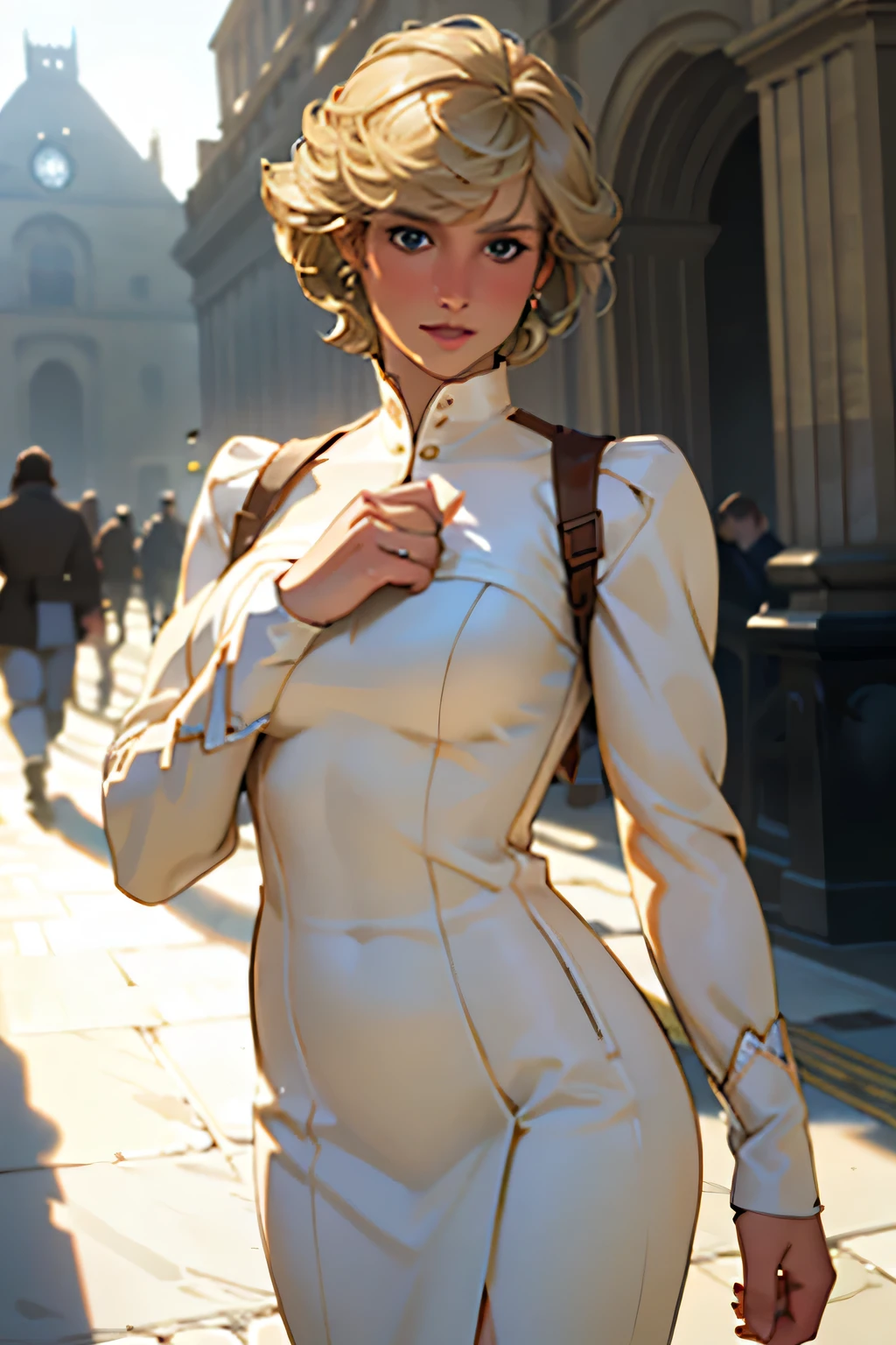 (masterpiece:1.3), (8K, Realistic, RAW Photos, Highest quality: 1.4), (One Girl), Beautiful Face, (Realistic Face), Beautiful Hairstyles, Realistic eyes, Beautiful details, (Realistic Skin), Beautiful Skin, Absurd, charm, Ultra-high resolution, Ultra-realistic, Very detailed, Golden Ratio, (Best Shadow), Cinematic, (Complex:1.4), High Contrast, Side lighting, ((Princess Diana)), ((Accurate hands and fingers)), ((captain england)), 43-year-old Caucasian female, (Blonde Hair, short hair:1.3), (Voluptuous body), BREAK Guards standing in a row