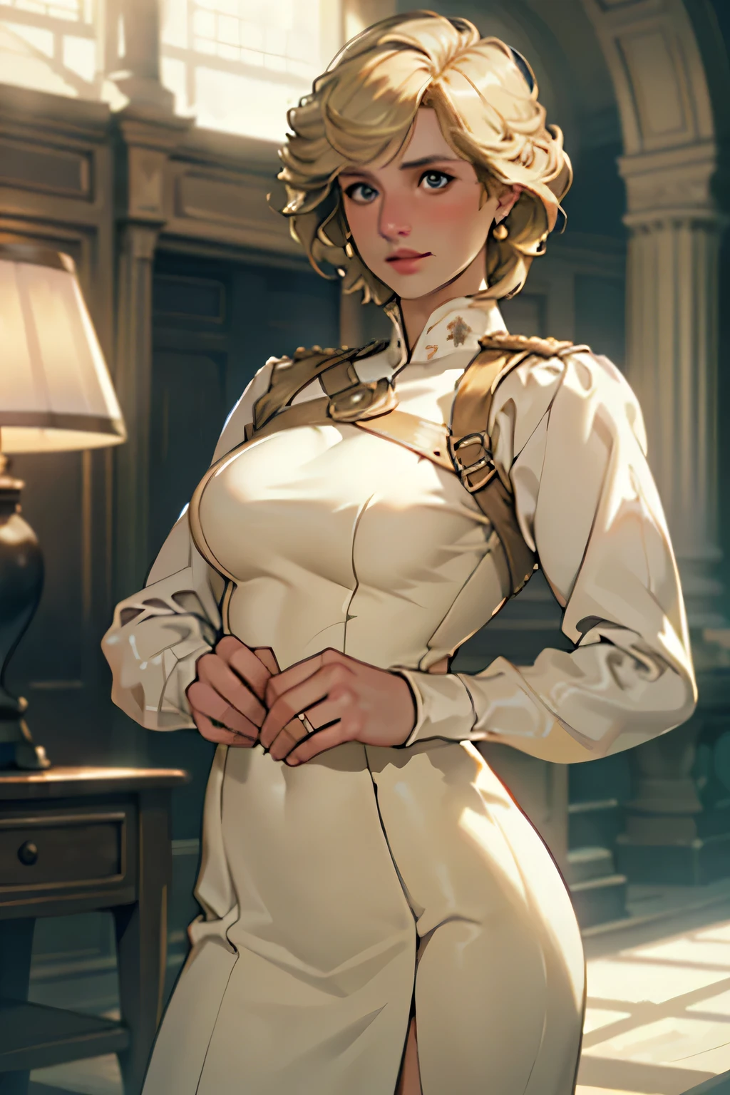 (masterpiece:1.3), (8K, Realistic, RAW Photos, Highest quality: 1.4), (One Girl), Beautiful Face, (Realistic Face), Beautiful Hairstyles, Realistic eyes, Beautiful details, (Realistic Skin), Beautiful Skin, Absurd, charm, Ultra-high resolution, Ultra-realistic, Very detailed, Golden Ratio, (Best Shadow), Cinematic, (Complex:1.4), High Contrast, Side lighting, ((Princess Diana)), ((Accurate hands and fingers)), ((captain england)), 43-year-old Caucasian female, (Blonde Hair, short hair:1.3), (Voluptuous body), BREAK Guards standing in a row