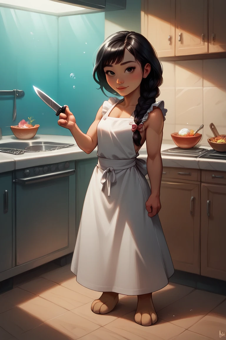 score_9, score_8_up, score_7_up ,bluethebone style, ExpresHGothicNeonIncase, (Shortstack), (((three toes))), (((three fingers))), ((human)), looking at viewer, (detailed face),(detailed eyes), (((sci-fi))), masterpiece, 8k, high detail, clean lines, best quality, amazing quality, 1girl, ((petite but strong)), (biceps:1.0) sleeveless chef’s yukata, (apron dusted in strange sea salt), ((knife master)), (long black hair in braid), (((asian))), medium dark skin, (((sci-fi underwater kitchen))), ((flirty eyes))