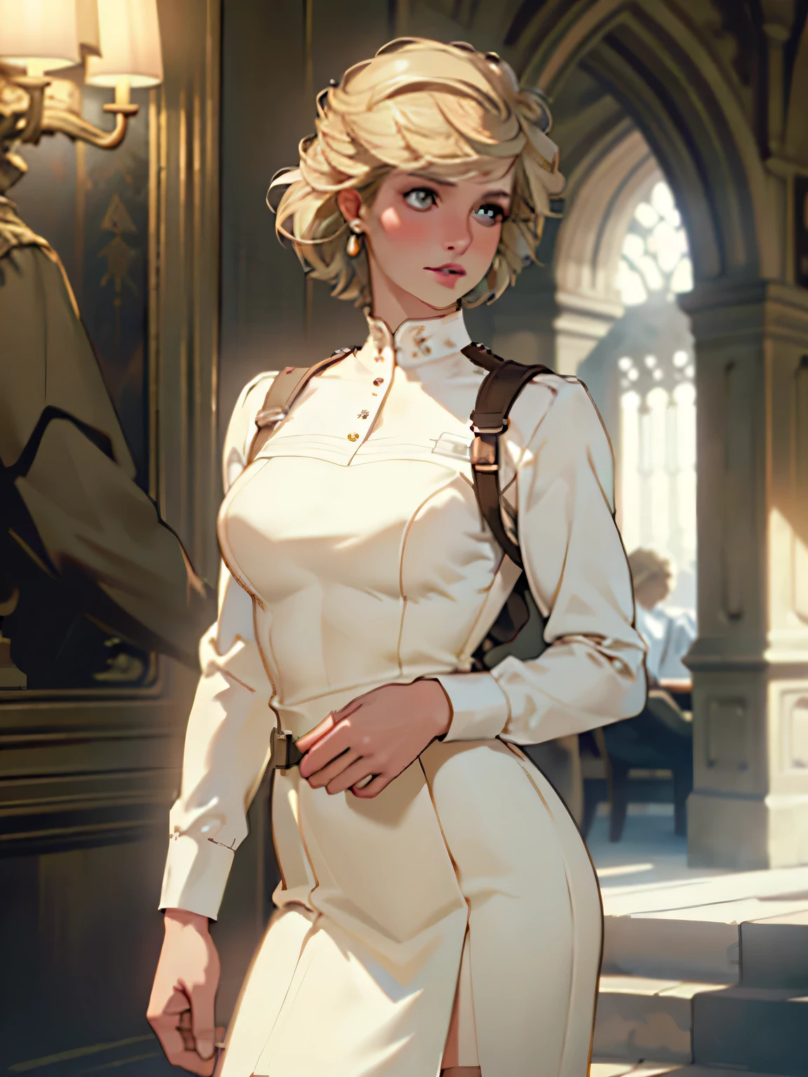 (masterpiece:1.3), (8K, Realistic, RAW Photos, Highest quality: 1.4), (One Girl), Beautiful Face, (Realistic Face), Beautiful Hairstyles, Realistic eyes, Beautiful details, (Realistic Skin), Beautiful Skin, Absurd, charm, Ultra-high resolution, Ultra-realistic, Very detailed, Golden Ratio, (Best Shadow), Cinematic, (Complex:1.4), High Contrast, Side lighting, ((Princess Diana)), ((Accurate hands and fingers)), ((captain england)), 43-year-old Caucasian female, (Blonde Hair, short hair:1.3), (Voluptuous body), BREAK Guards standing in a row