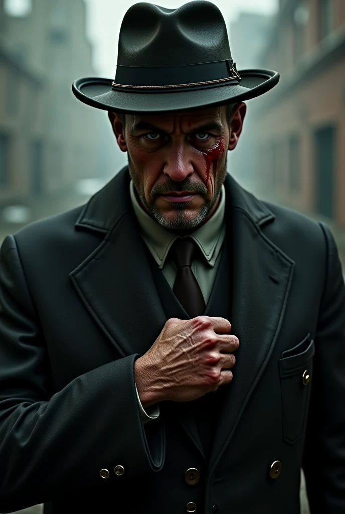 (photorealism:1.2), beautiful angry man with swords,old factories in background,many gangsters in background with knife and suns,sunlight coming from background,wearing bloody coat and paint, cigarette in his hand,smoking