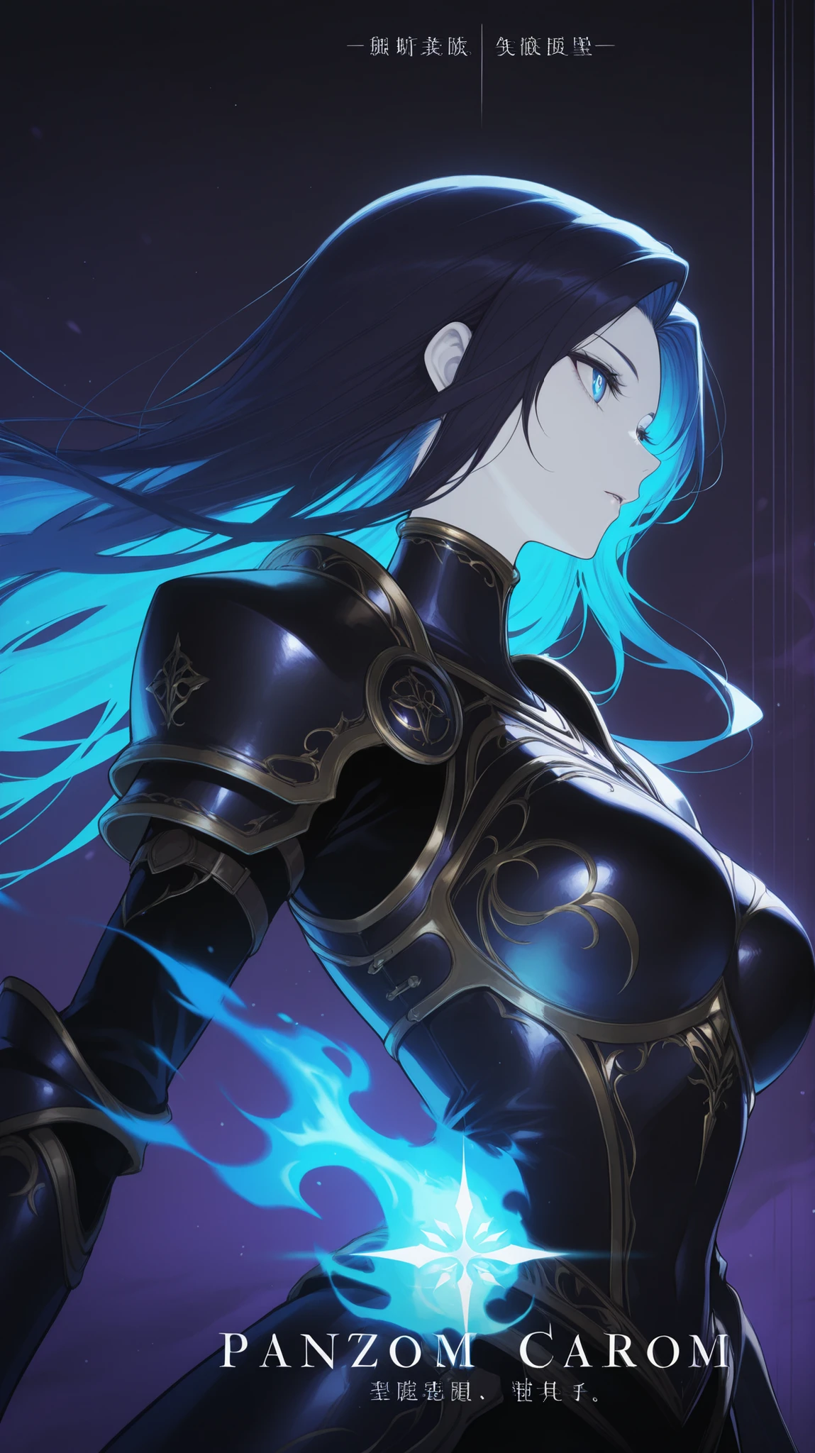 masterpiece, best quality, amazing quality, newest, very aesthetic, 1girl,Image is a digital artwork featuring a fantasy character with a striking and ethereal appearance. The character is depicted with pale skin and long, flowing hair that glows in shades of blue and turquoise, creating a luminous effect. Her eyes are sharp and intense, with a purple hue that adds to her mystical aura. She wears dark, ornate armor with flame-like patterns, enhancing her otherworldly presence. The background is a soft blend of dark and light colors, complementing the character's vibrant hair. Text on the left side reads 'SHAREN PHANTOM NM' in a vertical arrangement, with a stylized emblem below it. In the bottom right corner, the name 'ZERONIS' is displayed in white, along with additional small text. The overall composition is dynamic and visually captivating, emphasizing the character's enigmatic and powerful nature.